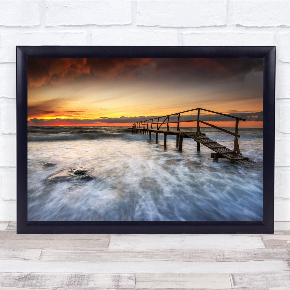 Landscape Pier Sea Sunset Waves Beach Rocks Bridge Coast Wall Art Print