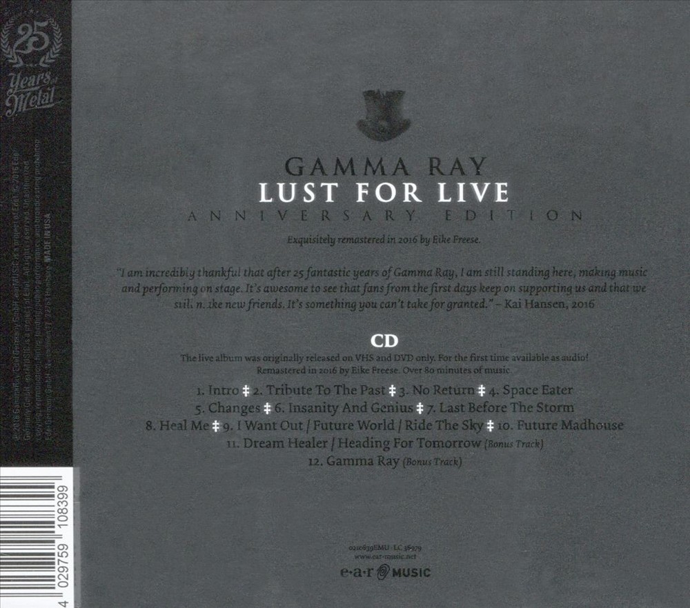 Gamma Ray Lust For Live New Cd