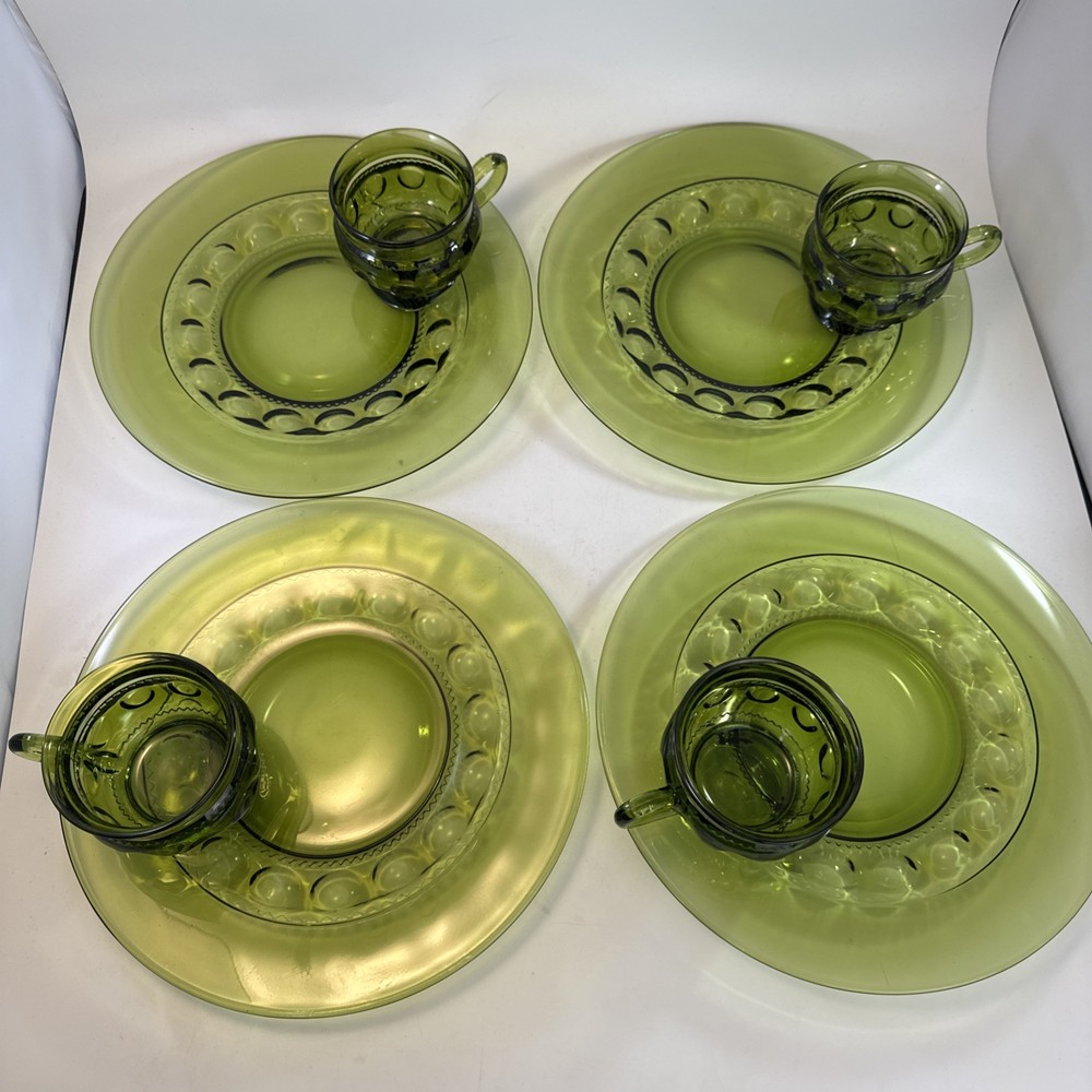 Vintage Indiana Glass Olive Green Thumbprint Cup & Saucer Set of 4 Kings Crown