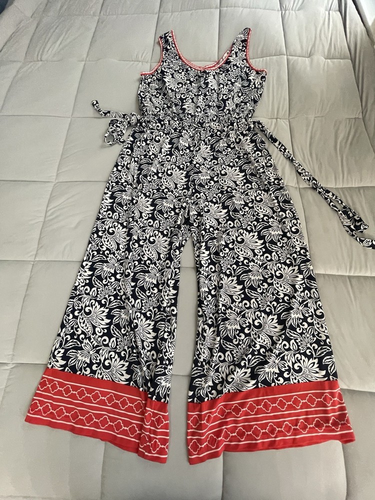 Max Studio Floral Sleeveless Midi Dress Women’s Large Navy White Belted Sundress