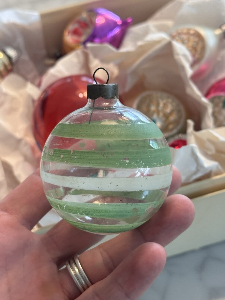 Vintage Franke Christmas Unsilvered Ornament Green Glass Stripes WWII