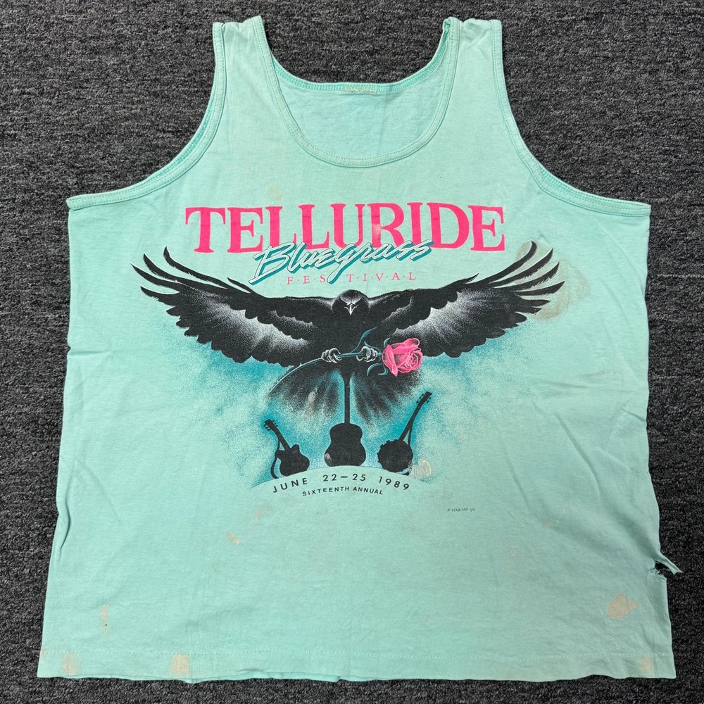 Vintage 80s Telluride Bluegrass Music Festival Tank Top T-Shirt L Blue Concert