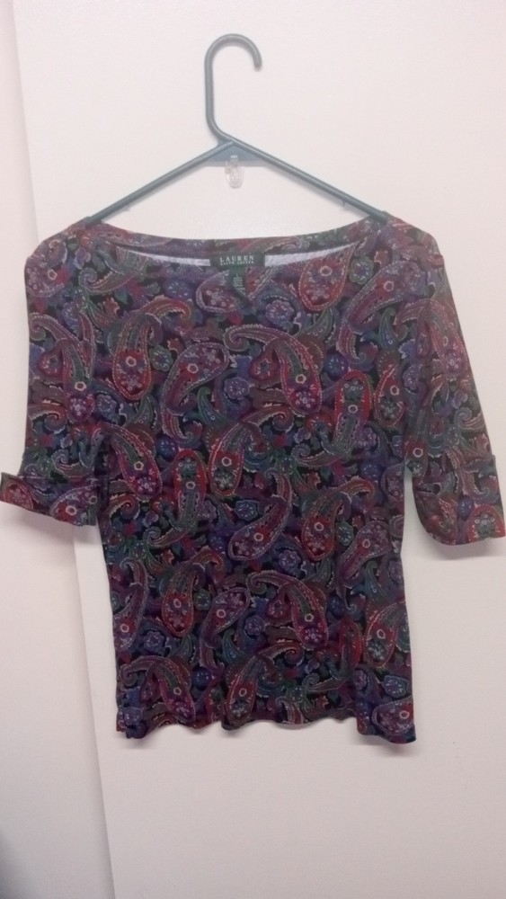 Lauren Ralph Lauren Women's Paisley Boat Neck Cotton Knit Shirt Top Size Large