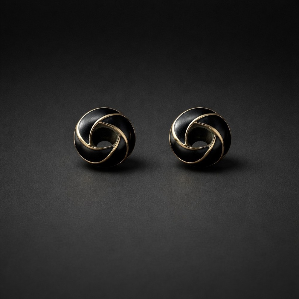 VTG Trifari Knot Stud Earrings Gold-Tone Black Trefoil Enamel 0.5