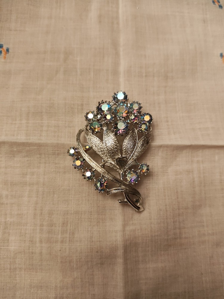 Vintage Coro Brushed Silver Tone Metal  Flower AB Blue Rhinestones Brooch