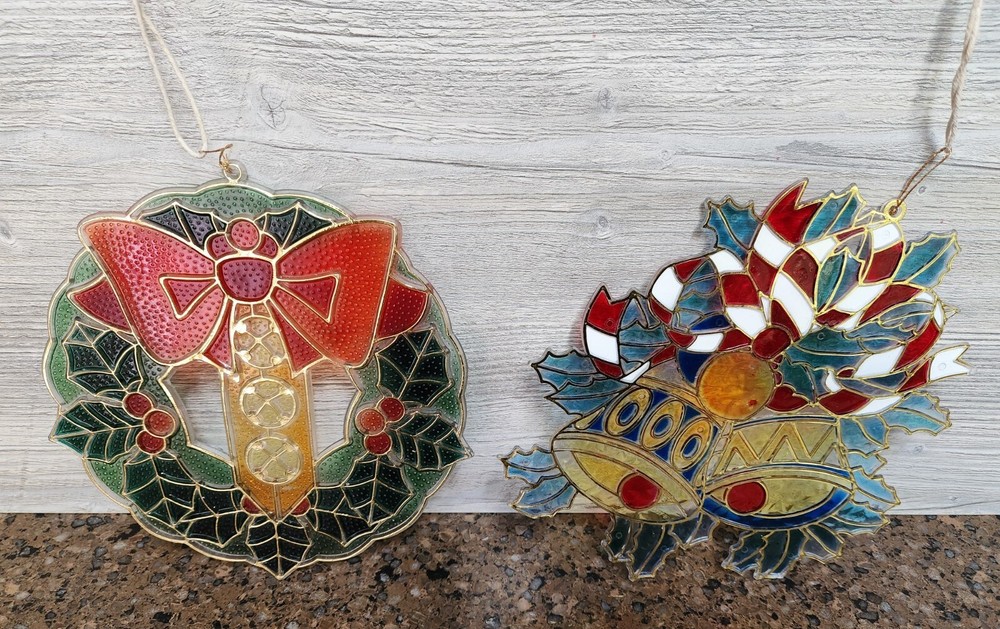 2 Vintage Christmas Ornaments Stained Glass Plastic 8