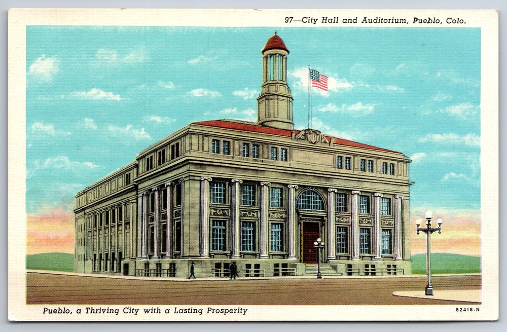 Pueblo Colorado~City Hall & Auditorium~Vintage Linen Postcard