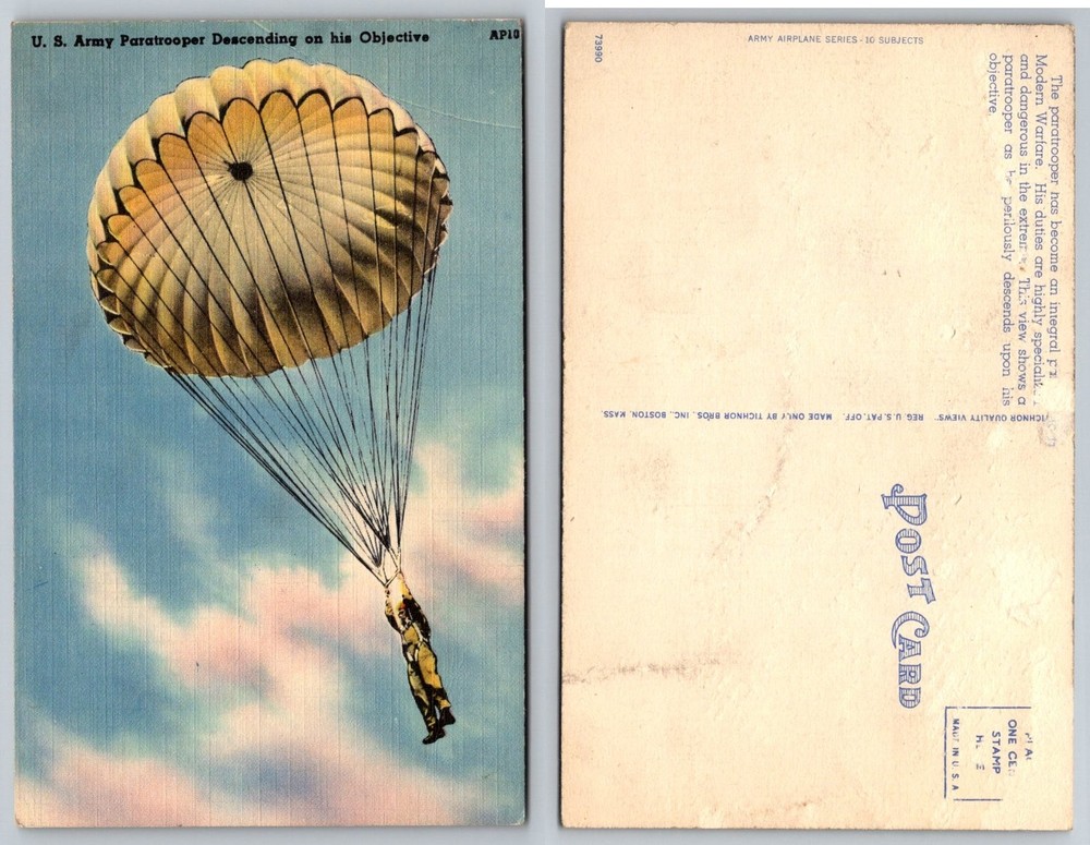 US Army Paratrooper Descending Linen Postcard Tichnor Bros WWII Era