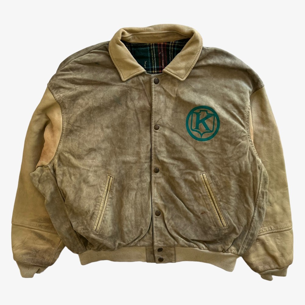 Vintage 80s Kudsak Leather Varsity Jacket With Back Spell Out Design