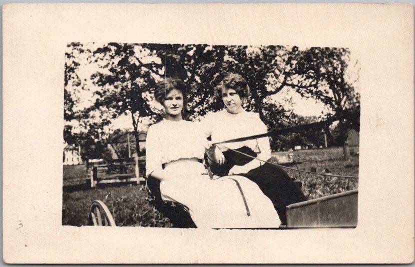 c1910s REDFIELD, South Dakota Photo RPPC Postcard Two Young Ladies in Horse Cart