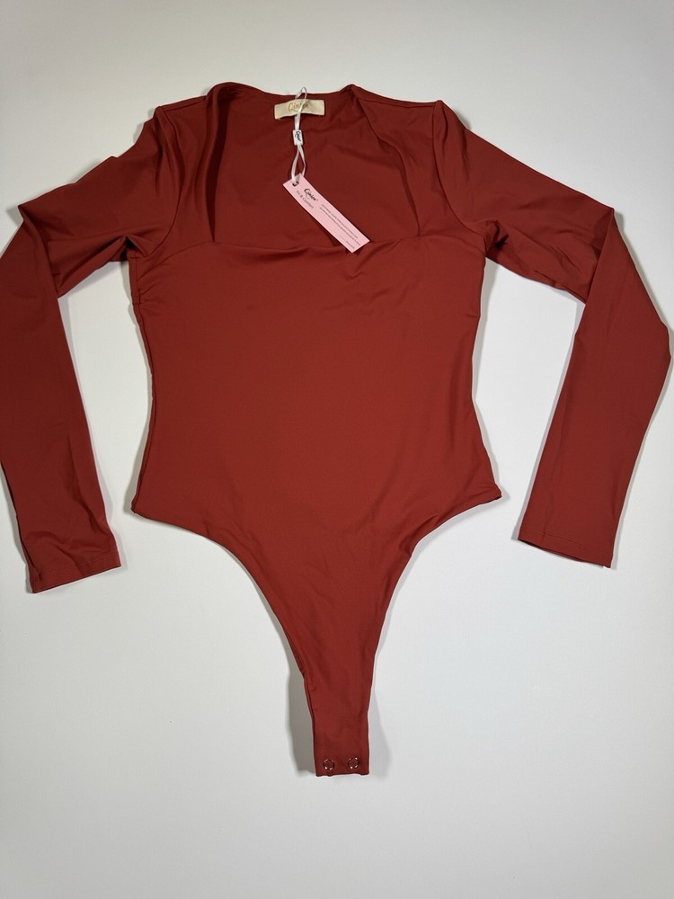 QINSEN Women's Sexy Square Neck Bodysuit Long Sleeve Double Lined Bodysuit Large