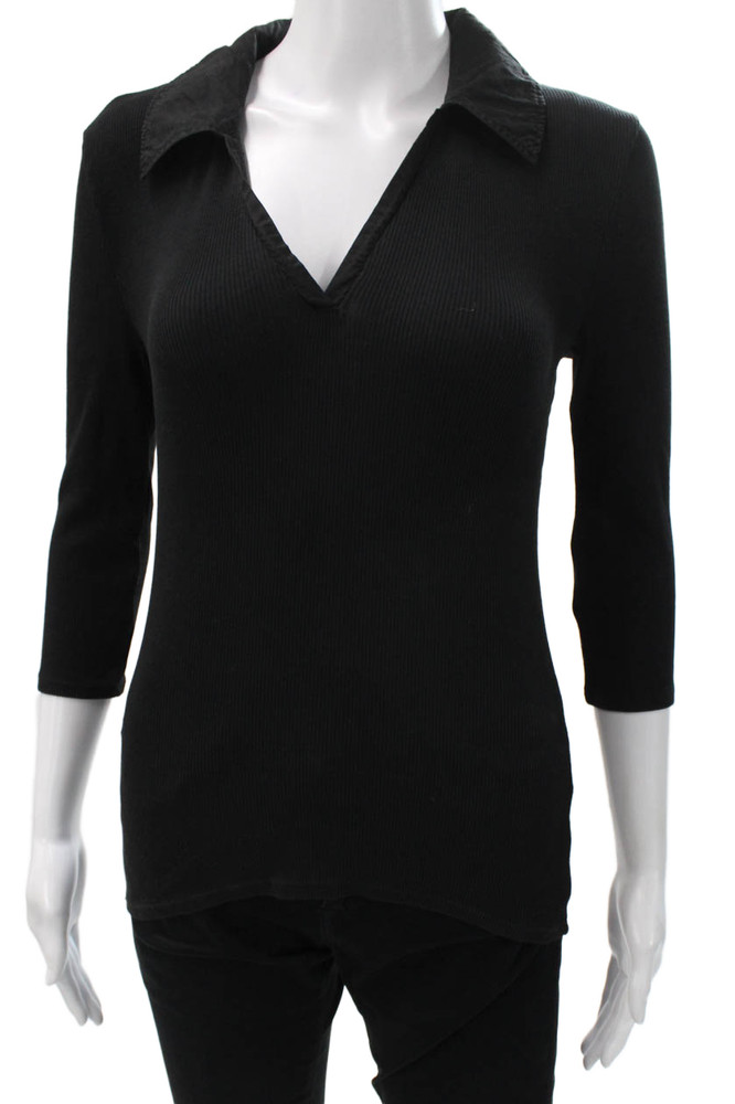 Nation LTD Womens Black Basic Collared Organic Cotton Polo 3/4 Sleeve Size SFree Shipping in US $100+ Orders | $6.95 Orders Below
