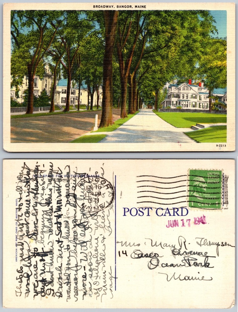 Broadway Bangor Maine Tree Lined Street Homes Postcard