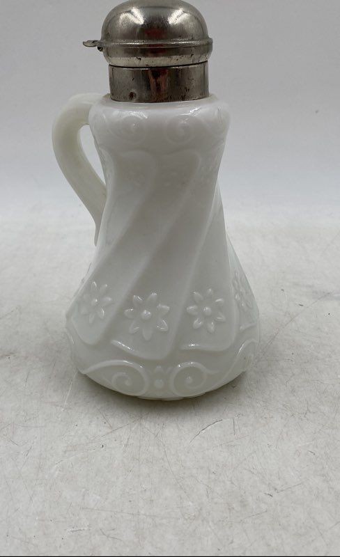 Antique Floral Milk Glass Syrup Pitcher with Metal Lid 7.5 Inches