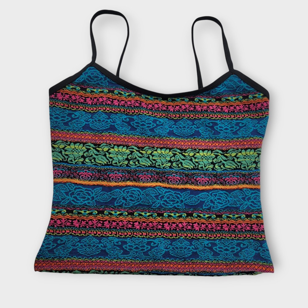 90s Y2K Sirena Crop Top Cutoff Tank Size 8 Jacquard Colorful Floral Festival