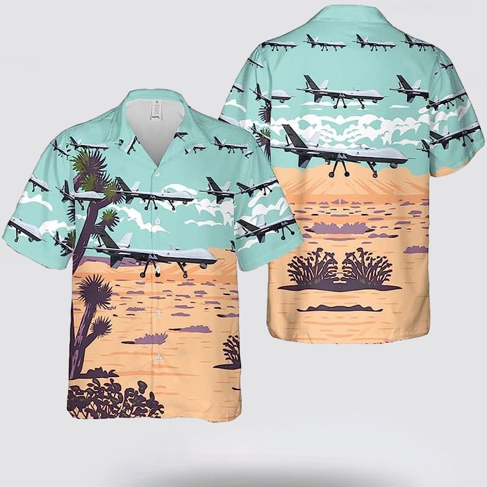 Men's Aircraft MQ-9 Reaper Blue Mint Brown Hawaiian Shirt Beachwear