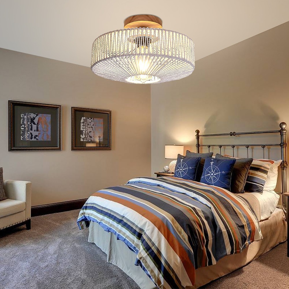 Gold Ceiling Light Woven Rattan Light Fixture Bedroom Ceiling Mount Lamp Modern