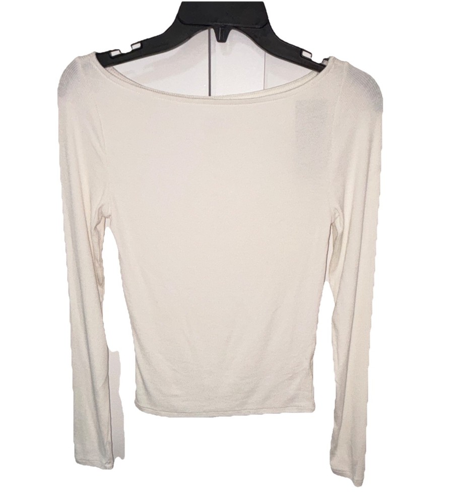 Wild Fable White Solid Ribbed Boat Neck Long Sleeve Pullover Top XS