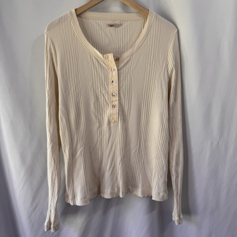 Faherty Womens XL Ivory Long Sleeve Ribbed Henley Top Stretch Vneck Pima Cotton