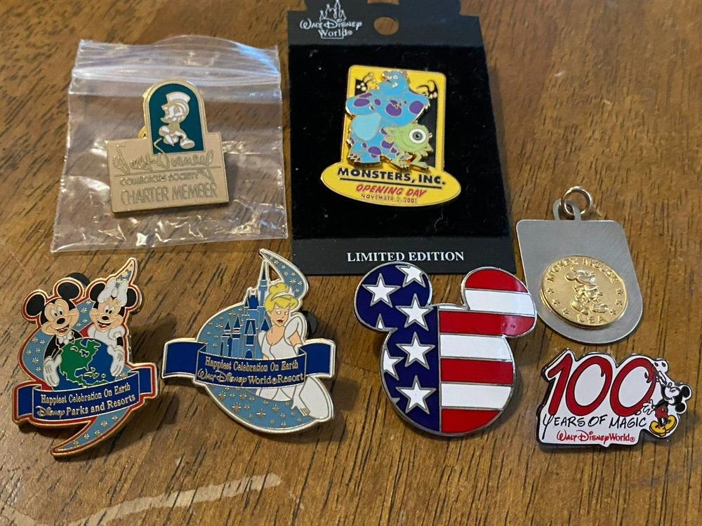 6 Disney Pins & Pendant - Mickey, Monsters Inc, Collectors Club, 100th Anniversary