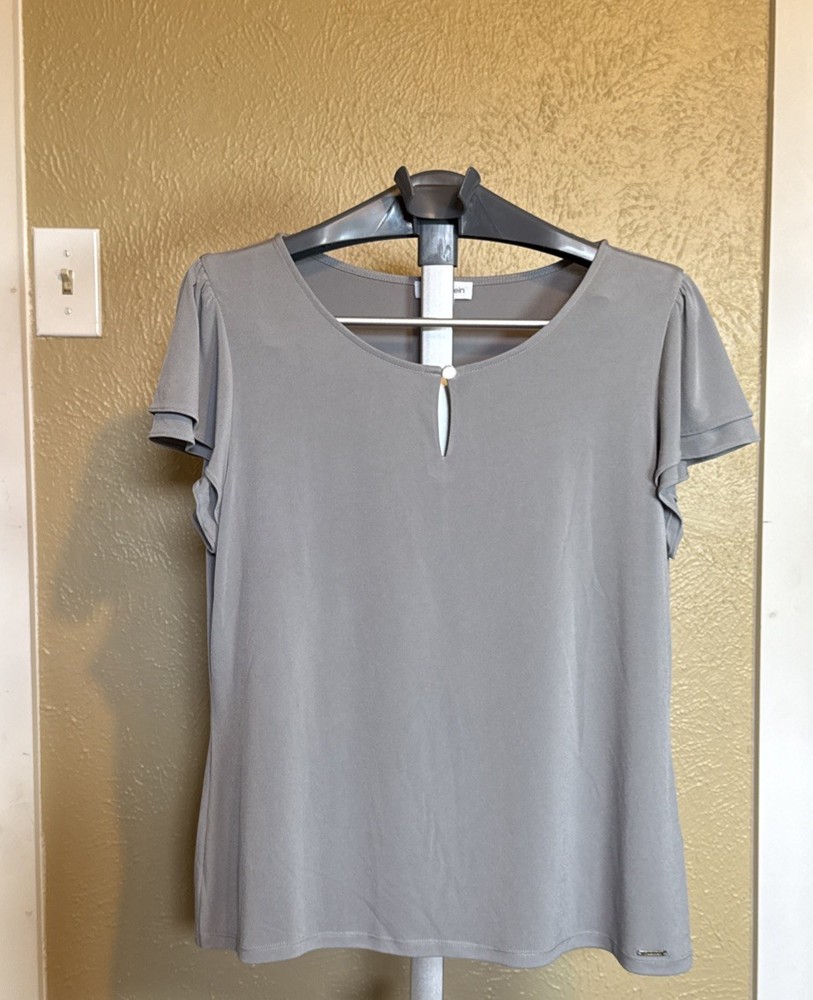 Calvin Klein Extra Large XL  Gray Flutter Sleeve Keyhole Neck Top Blouse