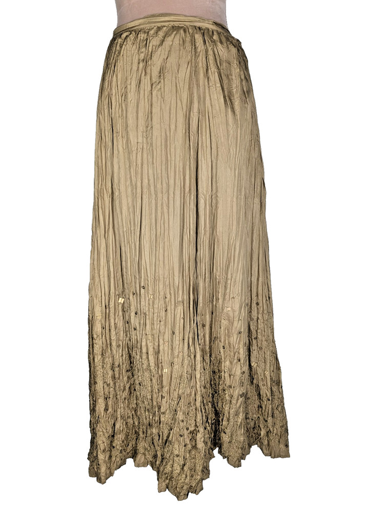 Chico’s Silk Embroidered Maxi Skirt Gold Crinkle Beaded Art To Wear Boho Size L