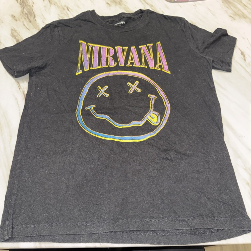 Old Navy Nirvana Shirt Teens XL Black Neon Smiley Face Graphic Band Tee L/S Goth