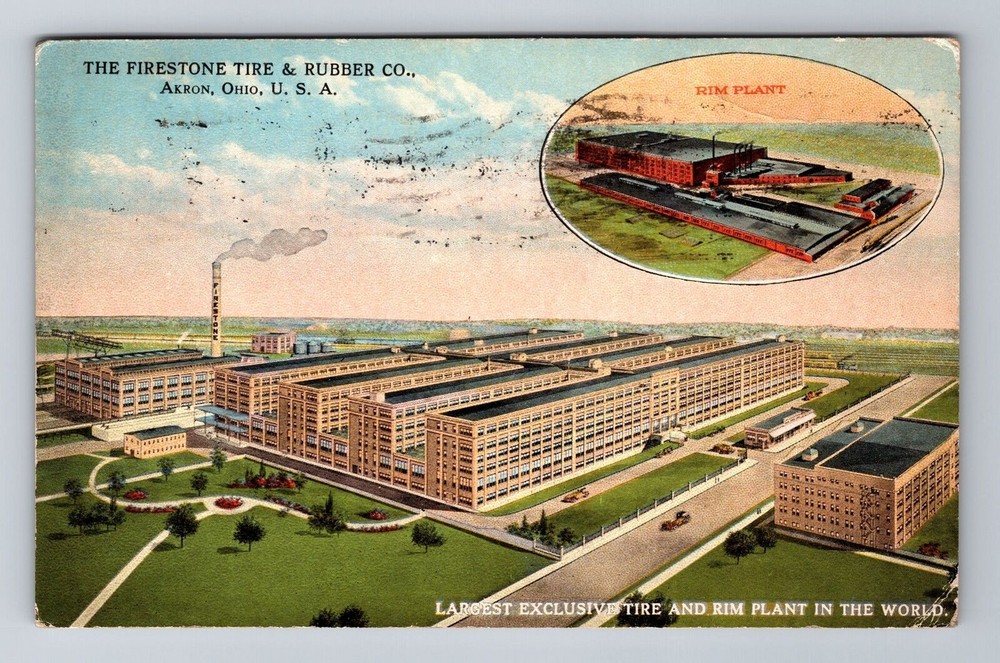 Akron OH-Ohio, Firestone Tire and Rubber Co, Antique Vintage Souvenir Postcard