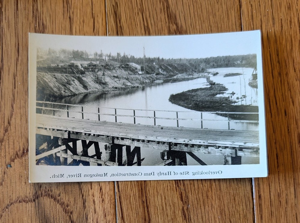 Hardy Dam Construction Muskegon River Michigan Postcard RPPC