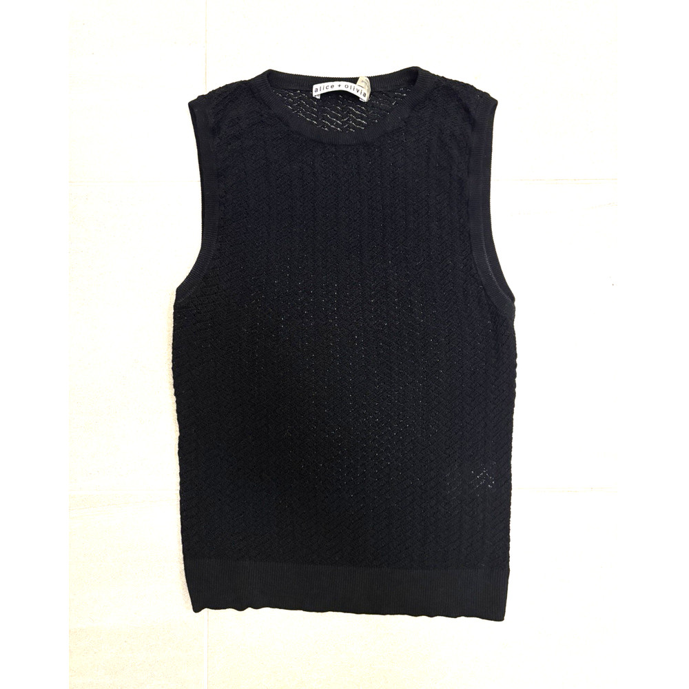 alice + olivia Black Knit Sheer Sleeveless Tank Top Crew Neck Size S