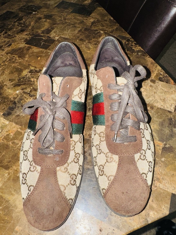 Gucci Brown Canvas Sneakers Logo Print Lace Up Green Red Stripe Men
