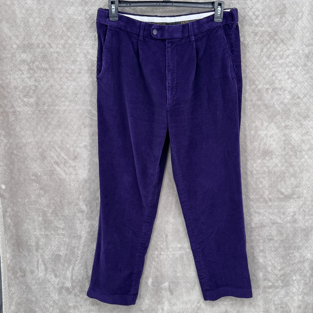 Peter Christian Dress Pants Mens 34x29 Purple Corduroy Pleated Straight Casual
