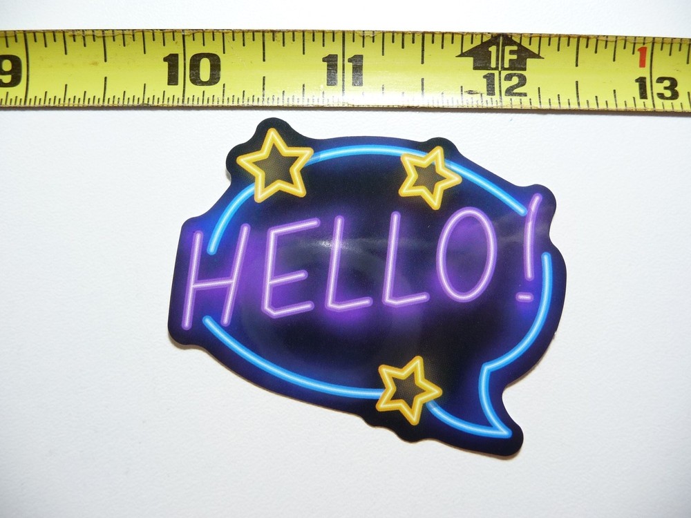 Neon Hello Happy Exclamation Sticker Decal Fun Playful Colorful Design