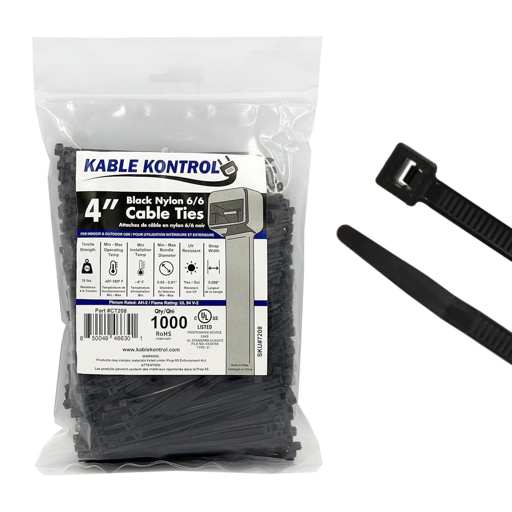 1000pcs 4in Black Cable Zip Ties 18Lbs Self-Locking Nylon Straps