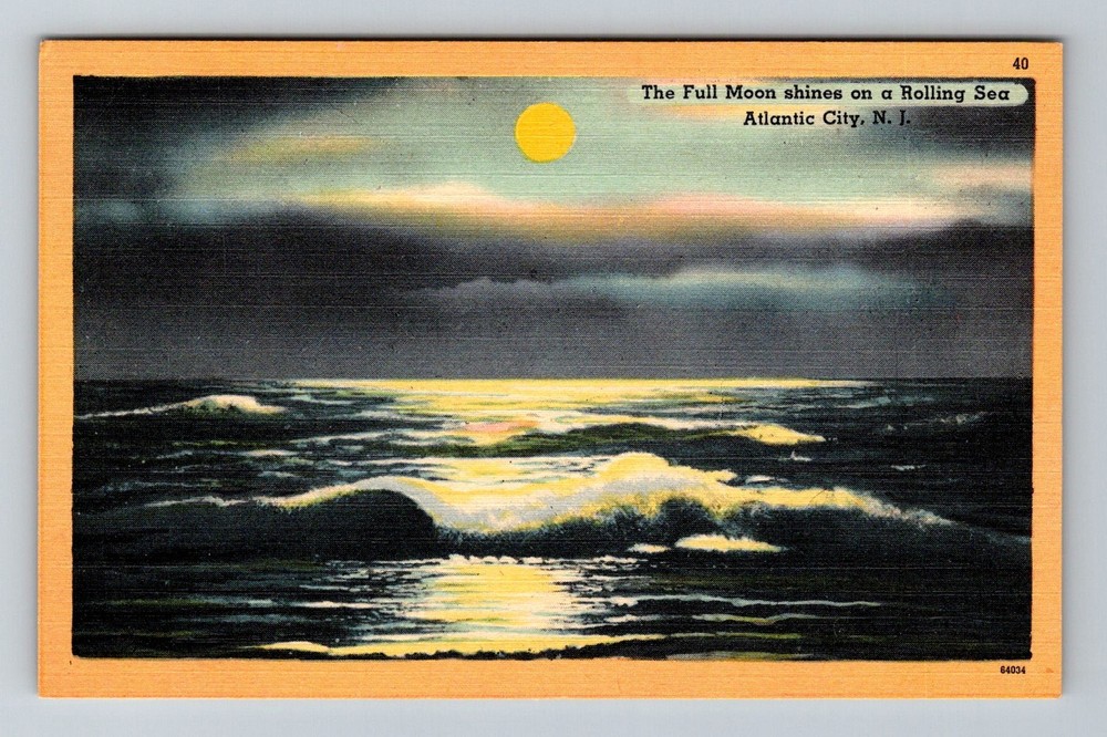 Atlantic City, NJ-New Jersey, Full Moon on Rolling Sea Ocean Vintage Postcard