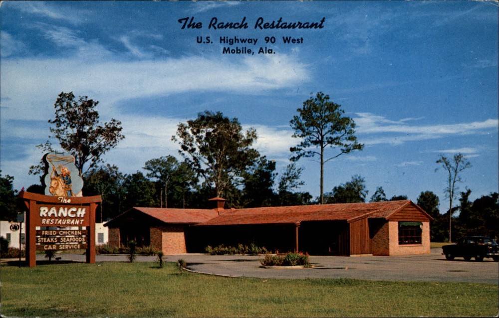 Ranch Restaurant Highway 90 West Mobile Alabama car ~ 1950-60s vintage postcard