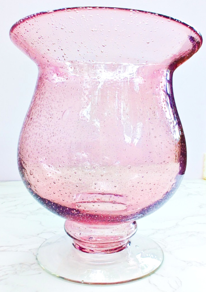 Murano Style Hand Blown Pink Art Glass Vase Bullicante Bubble Flared Rim 7”