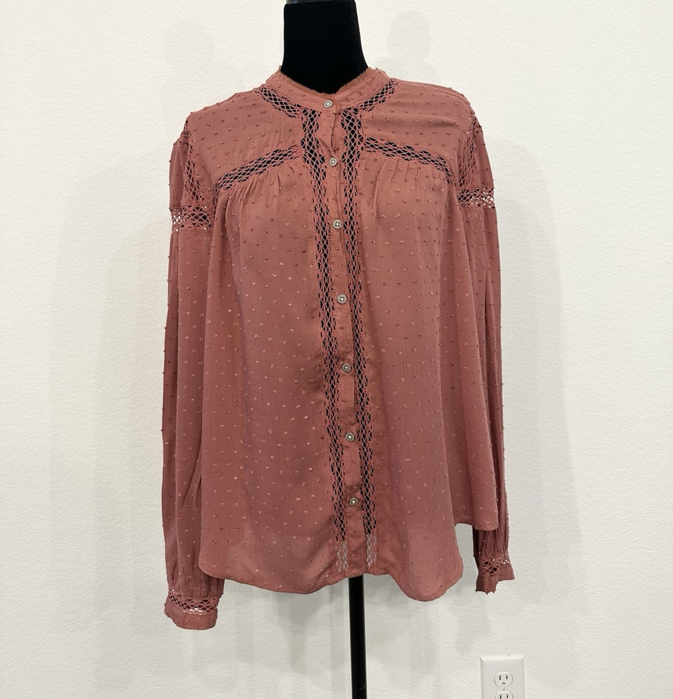 Free People Women's Mauve Lace Accent Button Down Long Sleeve Blouse Size L
