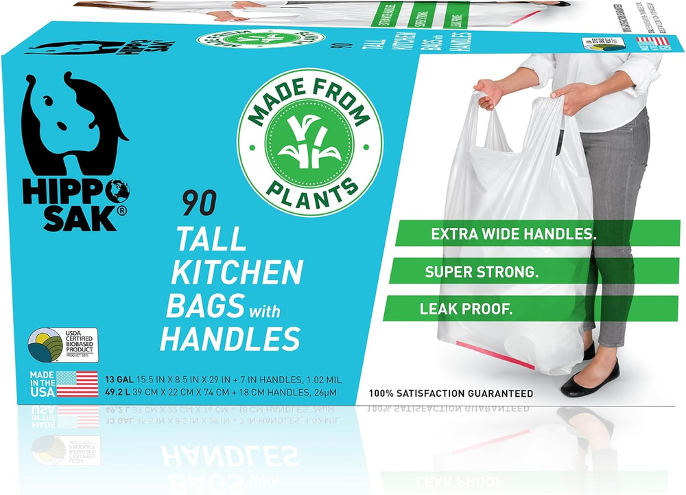 - Plant Based Tall Kitchen Garbage Bags with Ergonomic Handles - 13 Gallon Trash