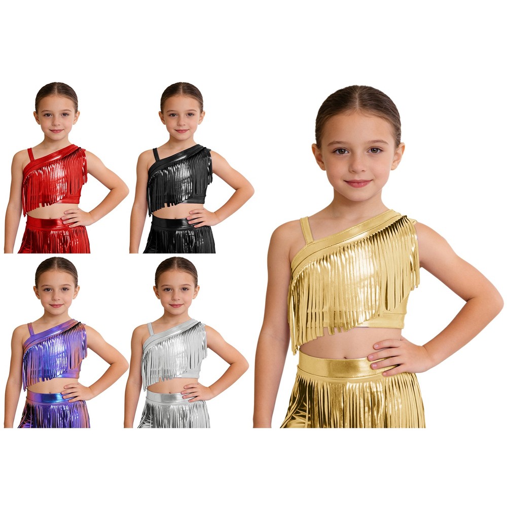 Kids Girls Dancewear Asymmetrical Crop Top Costume Tops Shiny Metallic Hip-Hop
