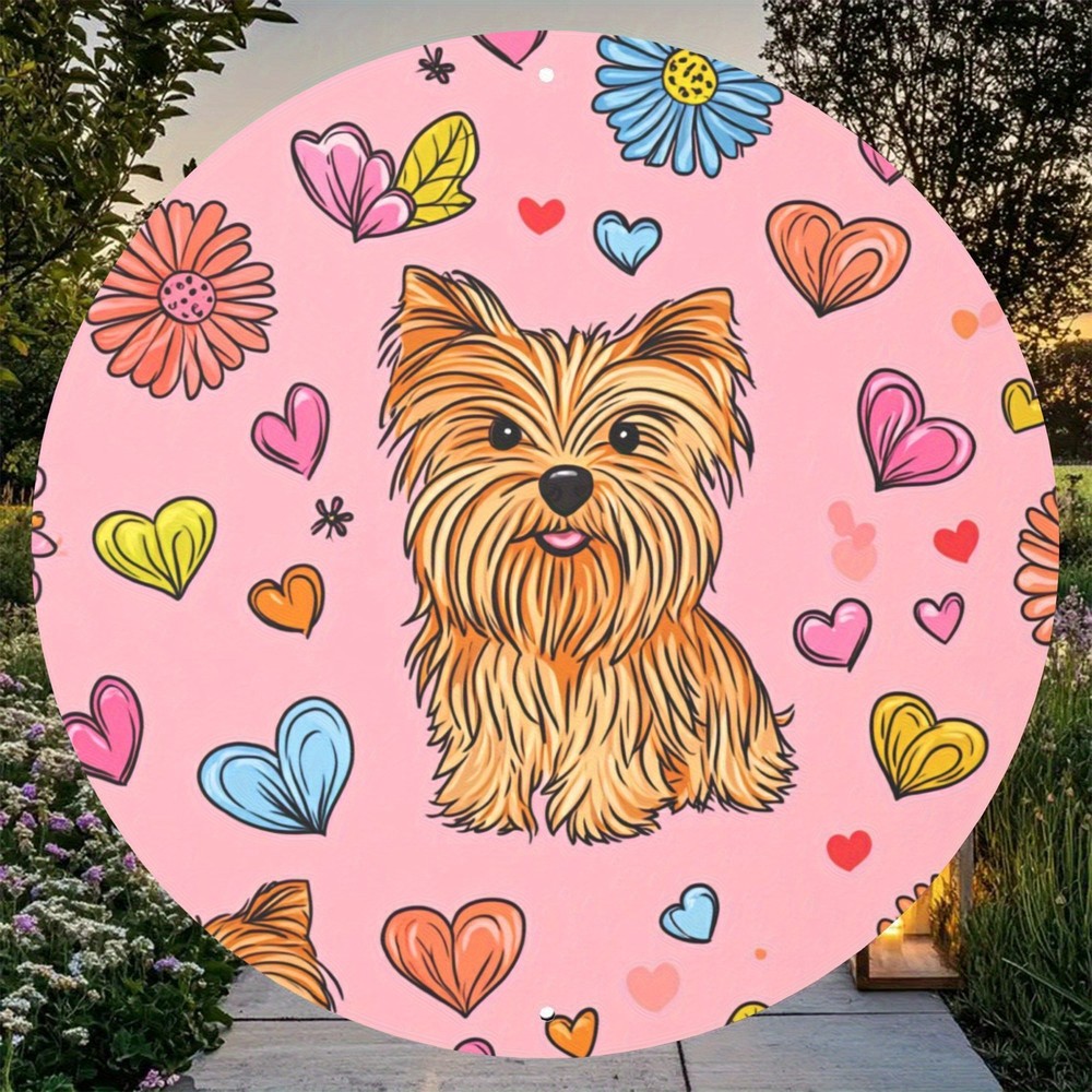 Yorkshire Terrier Red Flower Hearts Round Aluminum Decor