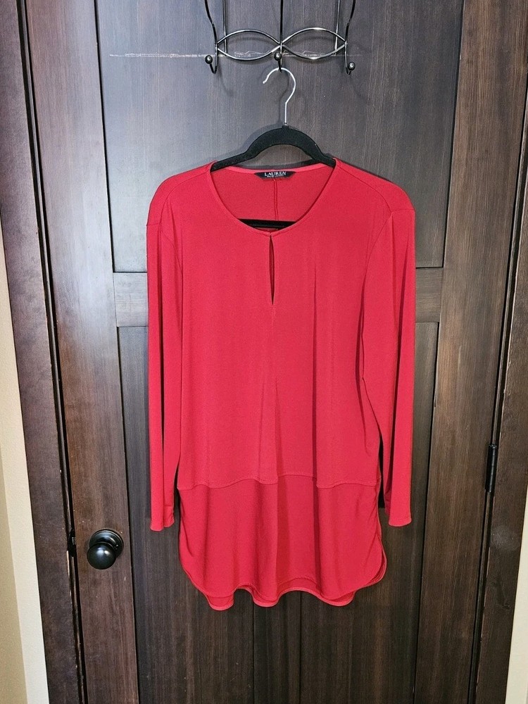 EUC Women's Plus Lauren Ralph Lauren Stretch Knit Red Blouse Top Shirt Size 2X