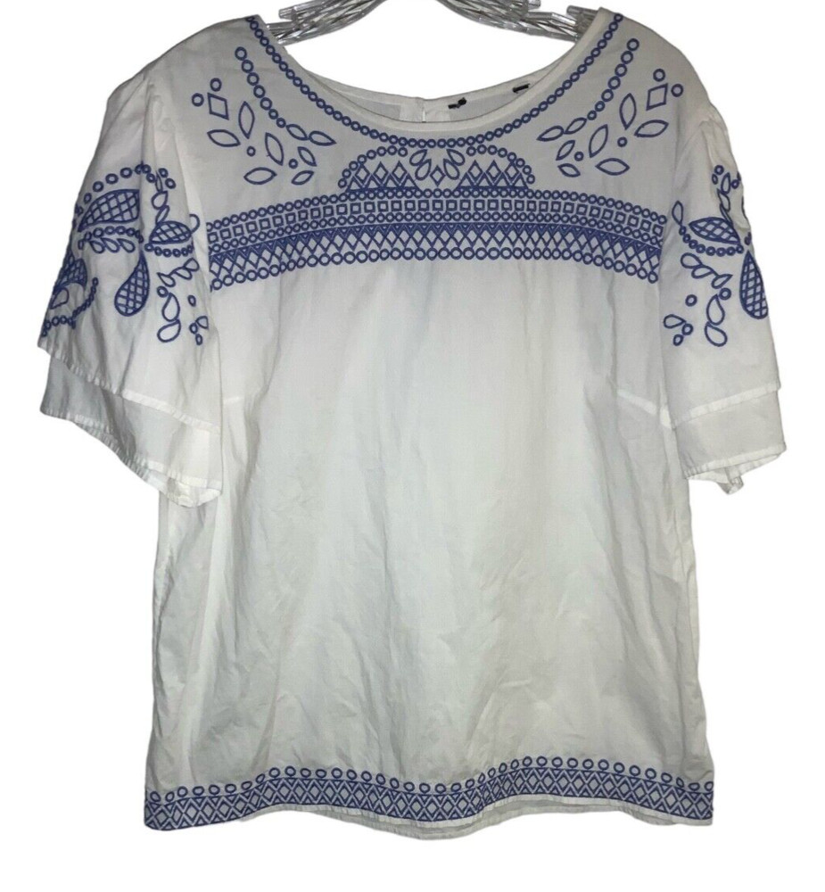 Banana Republic Factory White Blue Embroidered Short Sleeve Blouse Size L
