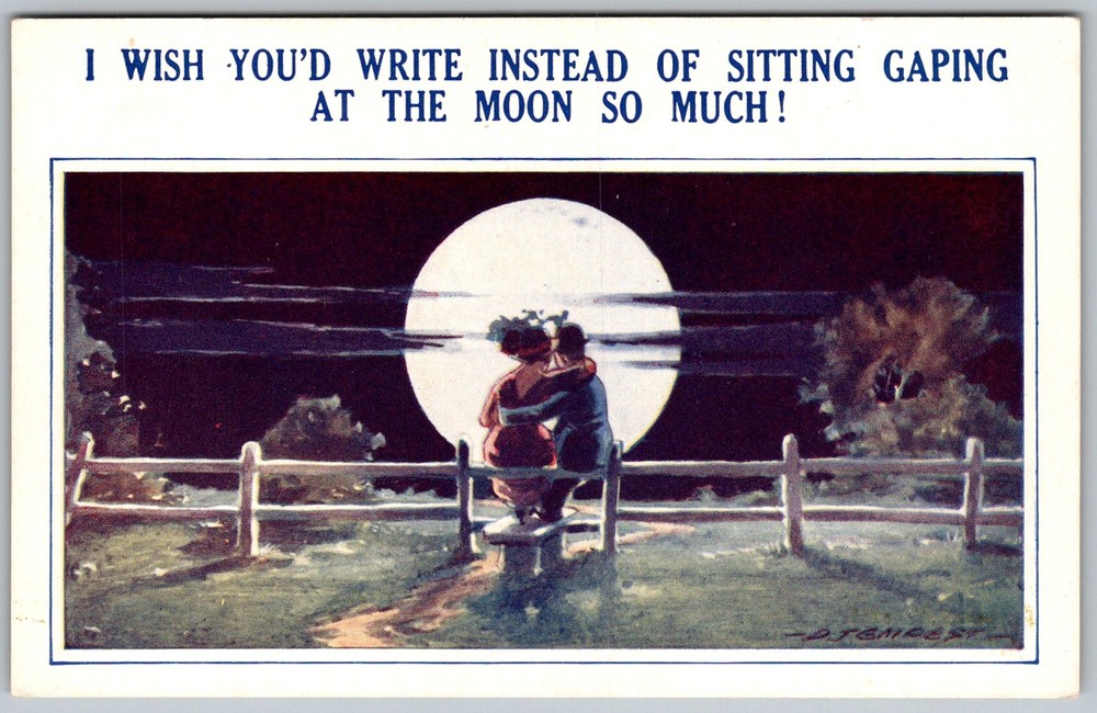 Antique Postcard Moon Gazing Kissing Couple 1910s