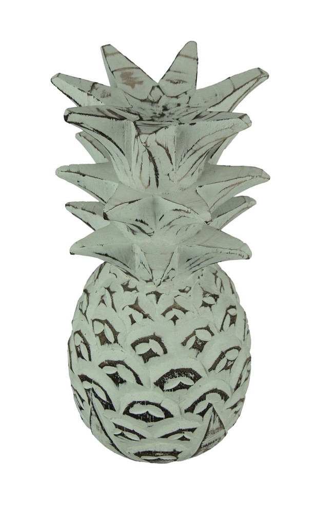 Scratch & Dent Distressed White Carved Wood Pineapple Decoration