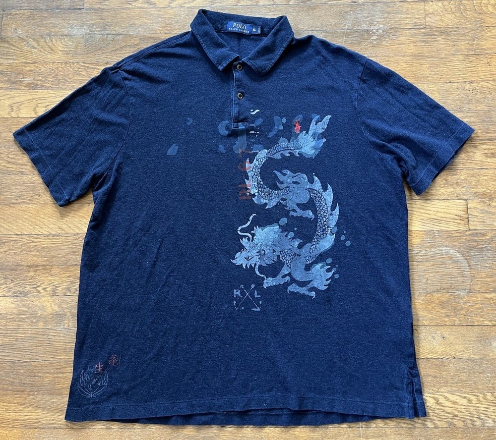 Polo Ralph Lauren RL 67 Japanese Dragon Abstract Art Graphic Polo Shirt Men’s XL-image