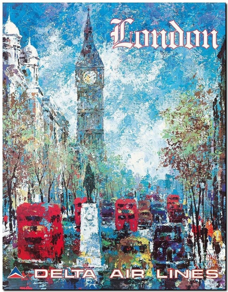 Cool Retro Travel Poster *FRAMED* CANVAS ART London Delta Air 24x16