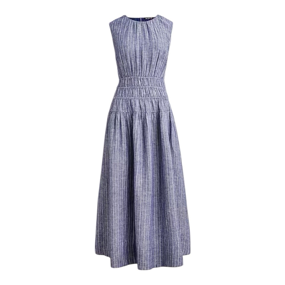 J Crew Hyacinth Dress in Blue Striped Linen Sleeveless Midi Womens Size XS