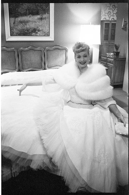Photo:Lucy Comes Home 1950s Actress in White Gown Bedroom Portrait