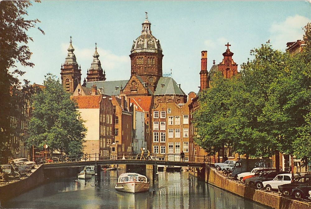 Postcard St. Nicholas Church overlooking Oudezijds Kolk Amsterdam Netherlands